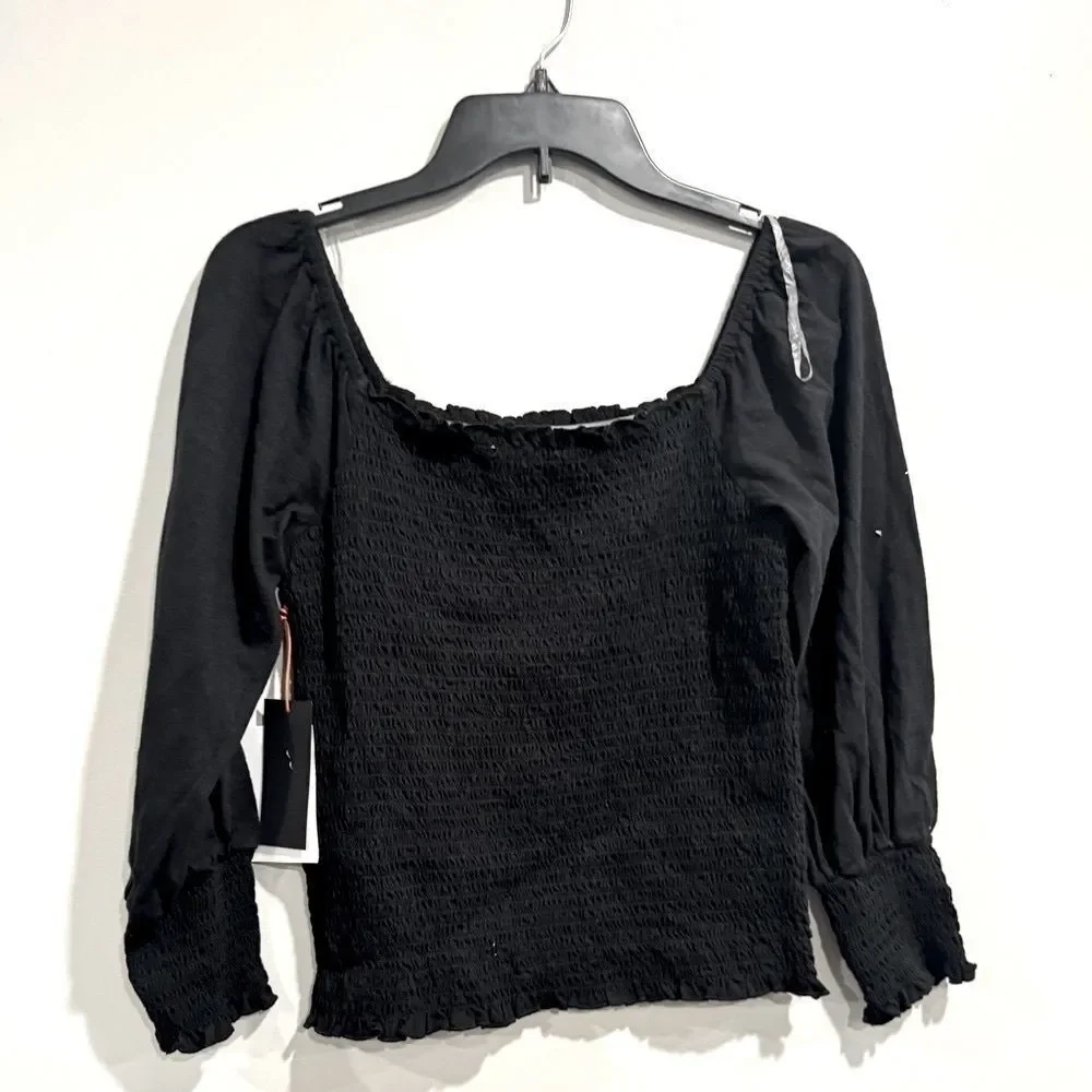 BLACK TAPE Petite Smocked Top Long Sleeve ruffled black top, size petite M - Picture 4 of 6